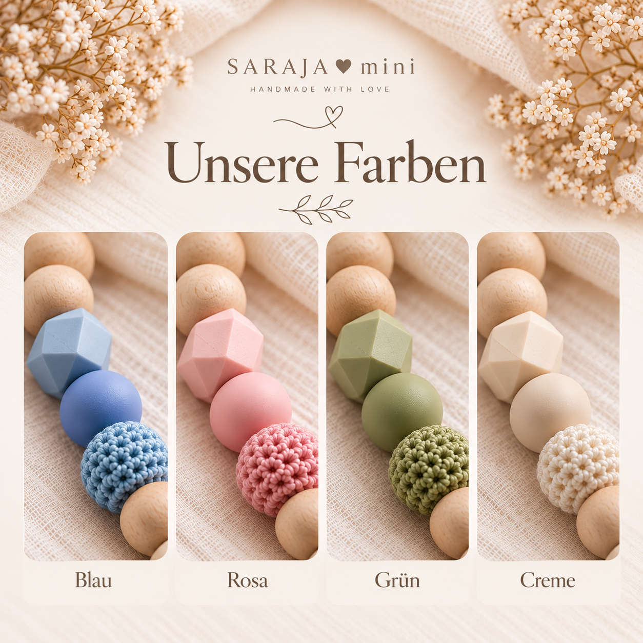 Farbübersicht Blau, Rosa, Grün, Creme